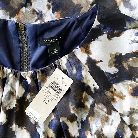 NWT Ann Taylor Navy & Brown Watercolor Print Inspired Dress, Size 12 - Picture 4 of 10